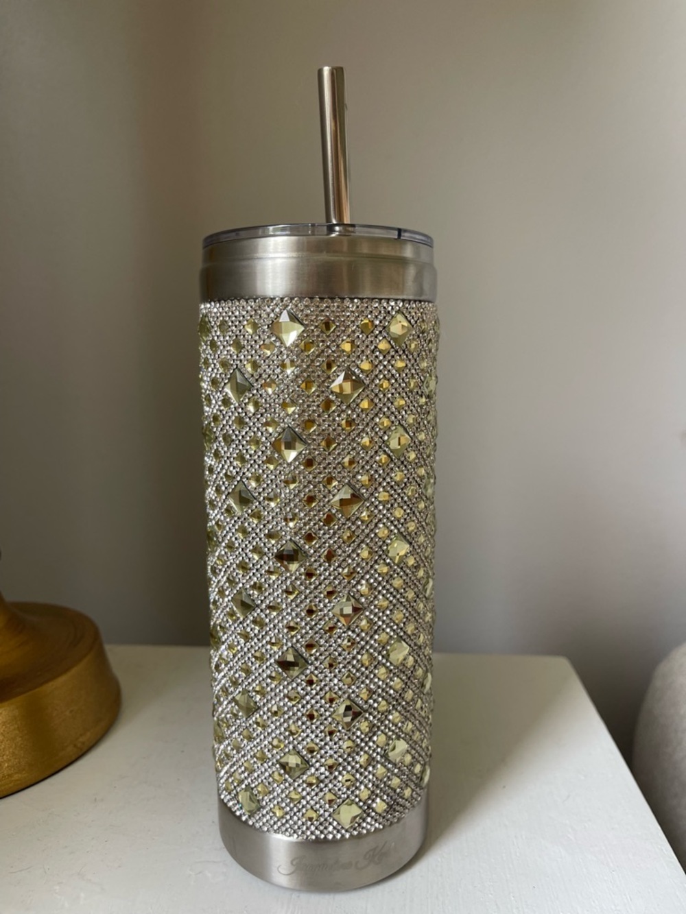 Gold Crystal-Embellished Stainless Steel Tumbler with Straw
